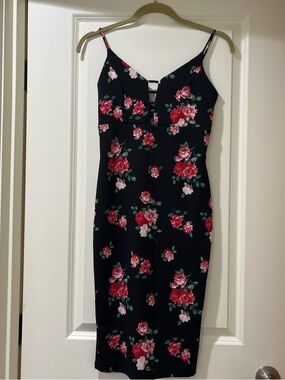 Forever 21 Black Midi Dress with Red and Pink Rose Print